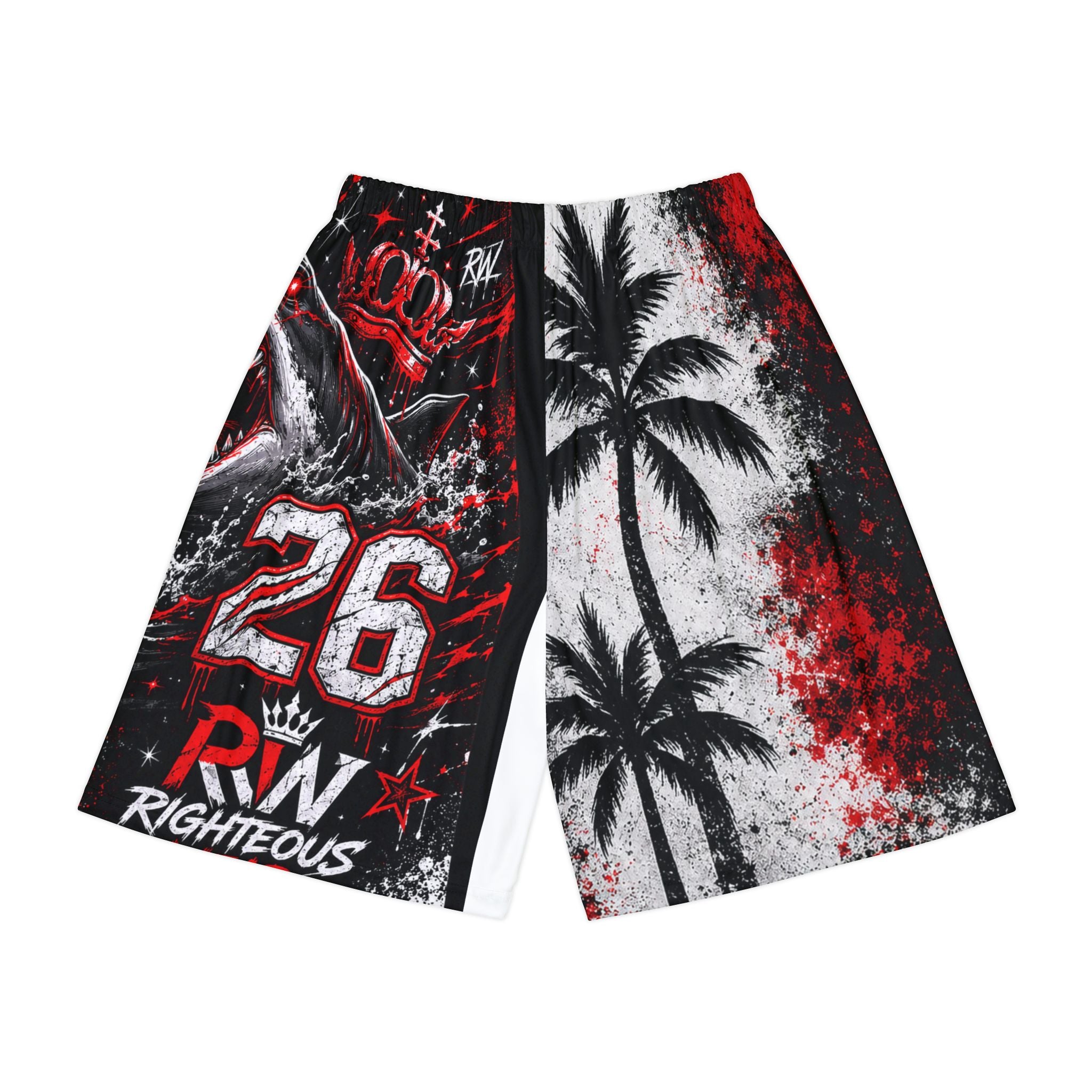 Men’s Sports Shorts — Red Black Shark Palm Graphic Athletic Shorts (26, Righteous Wear) Summer