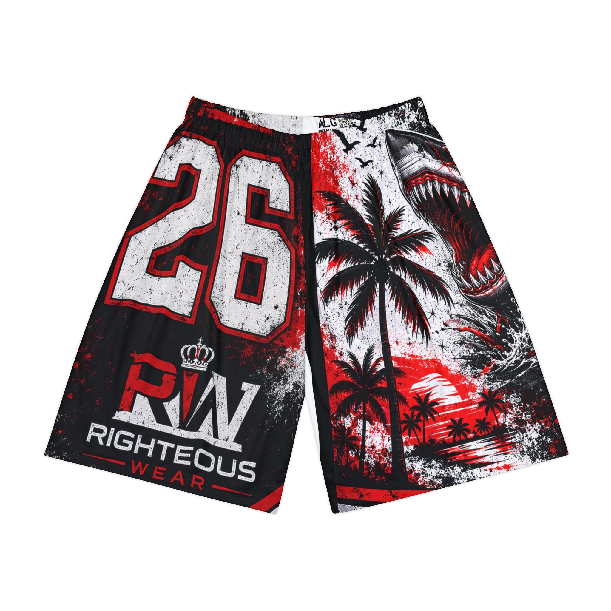 Men’s Sports Shorts — Red Black Shark Palm Graphic Athletic Shorts (26, Righteous Wear) Summer