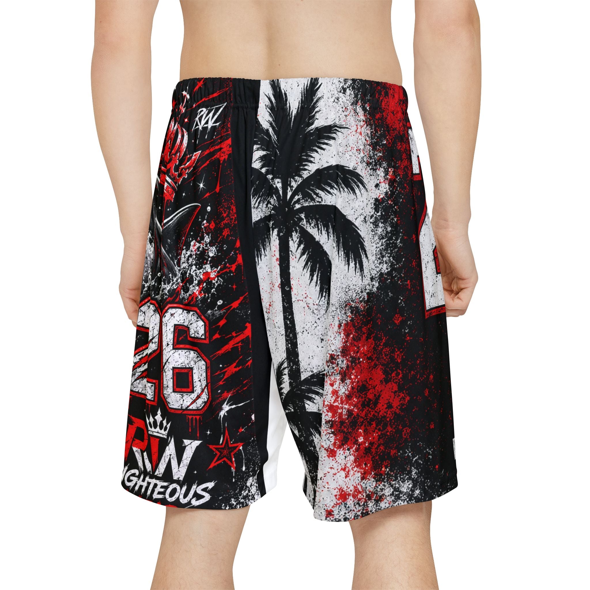 Men’s Sports Shorts — Red Black Shark Palm Graphic Athletic Shorts (26, Righteous Wear) Summer