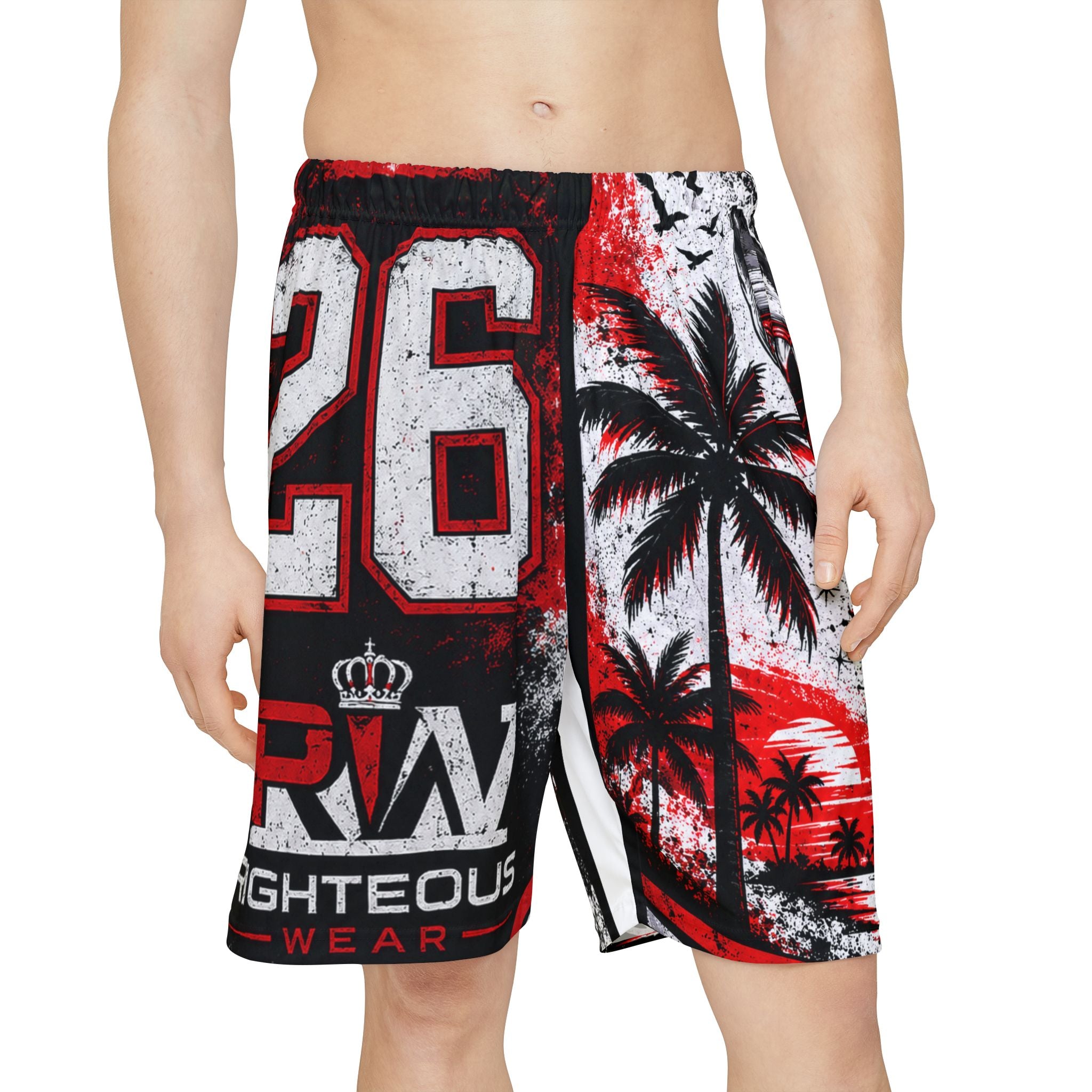 Men’s Sports Shorts — Red Black Shark Palm Graphic Athletic Shorts (26, Righteous Wear) Summer